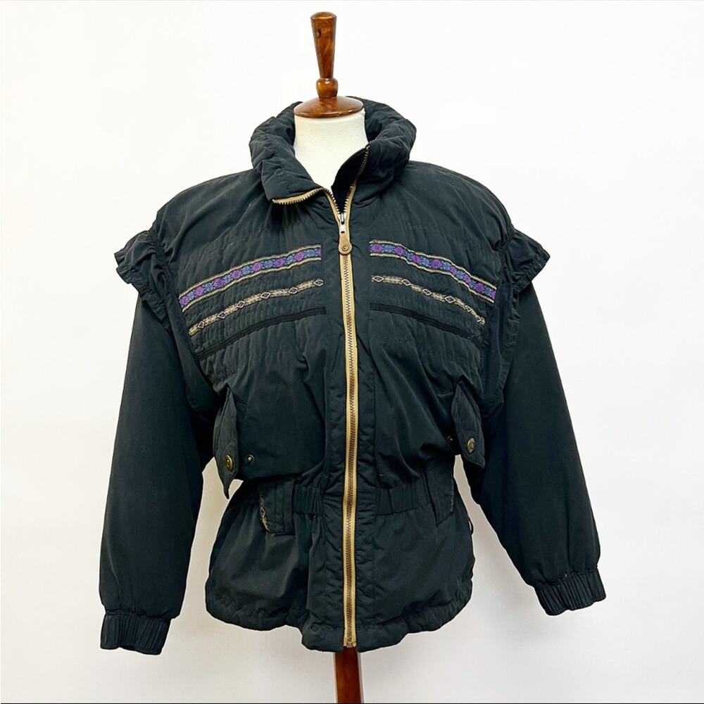 80s Vintage Women's Ski Jacket Black Embroidered Puffer Winter Snow Coat Medium